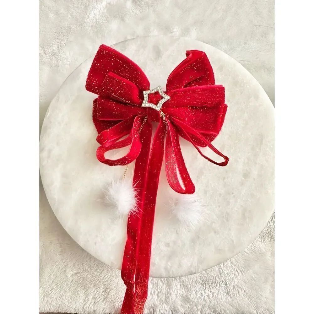 Red sparkly Christmas pom-pom hairbow with star 